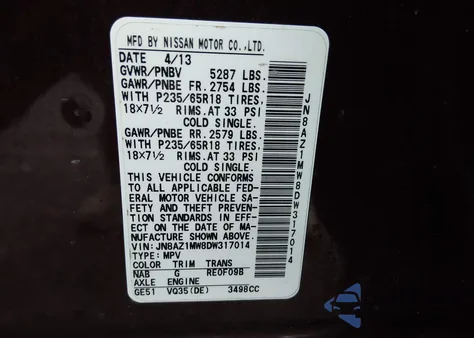 2013 Nissan Murano S from USA, damaged, VIN JN8AZ1MW8DW317014